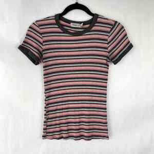 Ginger G Ribbed Striped Top Vintage Y2K Size Small Gray Pink Ringer Neckline